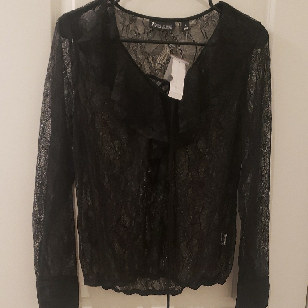 New York & Company Black Ruffled Long Sleeve Blouse